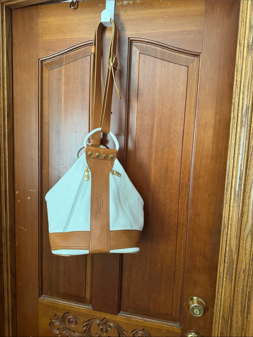 Valentina Leather-Trim White Bucket Bag /Back pack with Tan Accents